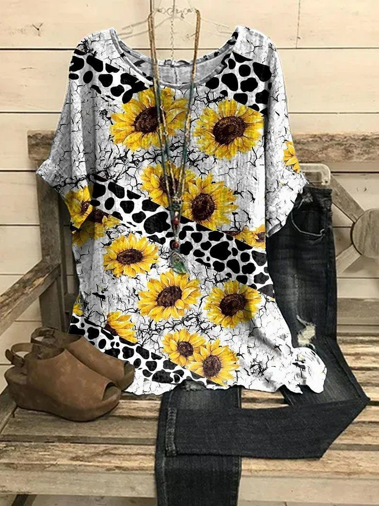 Women's Leopard Sunflower Panel Vintage Casual Print Top