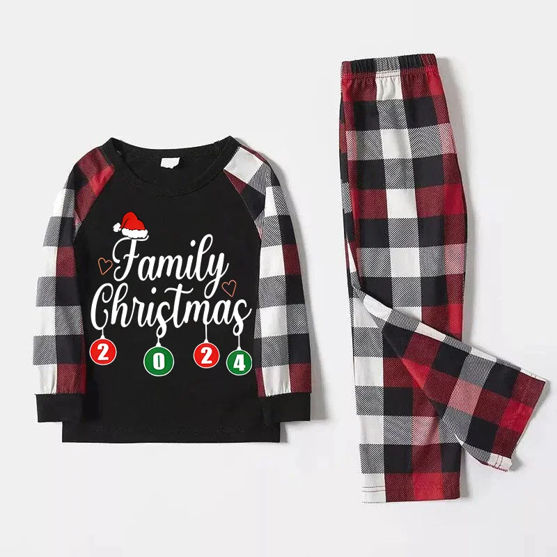 "Family Christmas" 2024 Letter Print Red & Black & Grey & White Plaid Family Matching Pajamas