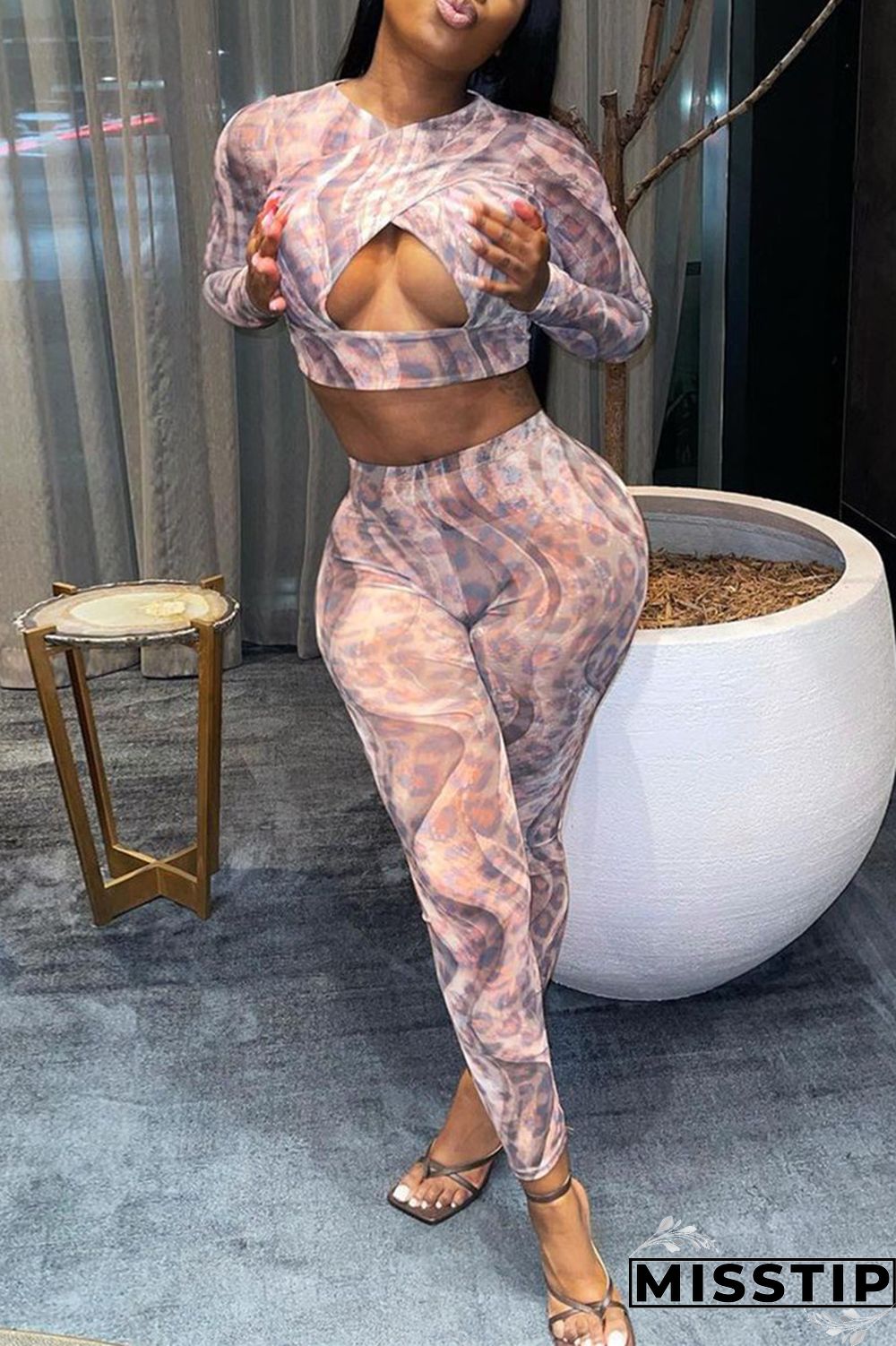 Pink Fashion Sexy Print Hollowed Out O Neck Long Sleeve Two Pieces