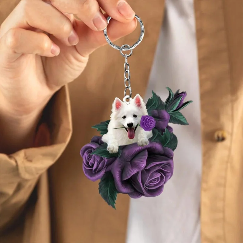VigorDaily American Eskimo In Purple Rose Acrylic Keychain PR106
