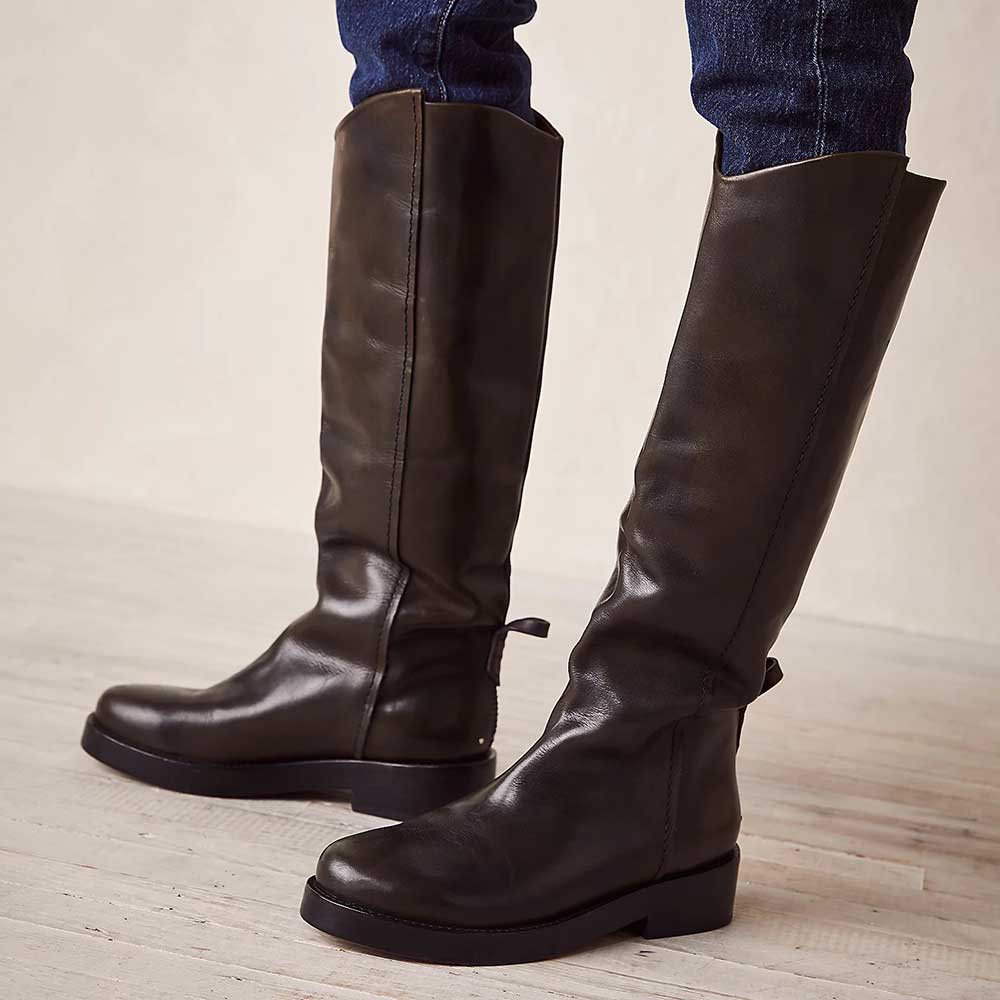 Brown Round Toe Pull Tab Knee-High Boots with Low Heel