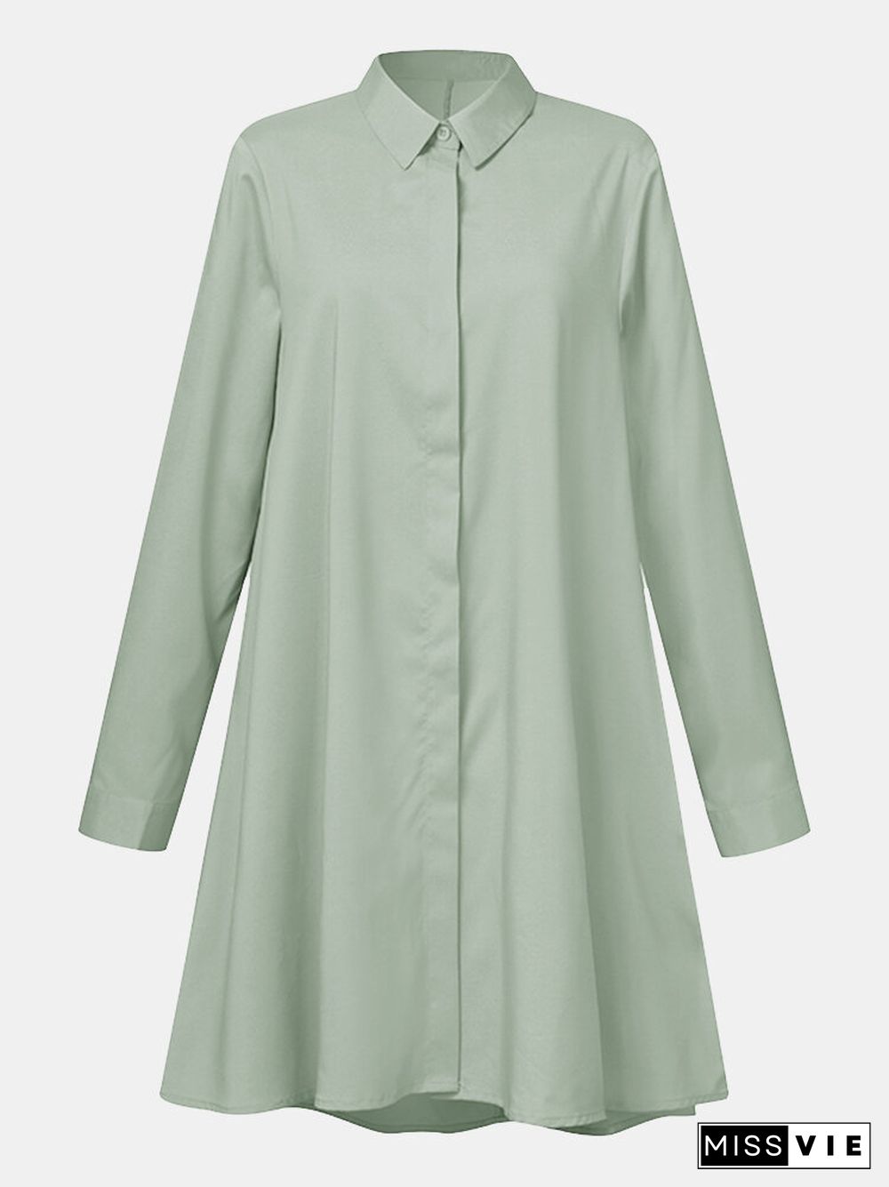 Women Solid Color Button Lapel Long Sleeve Casual Blouse