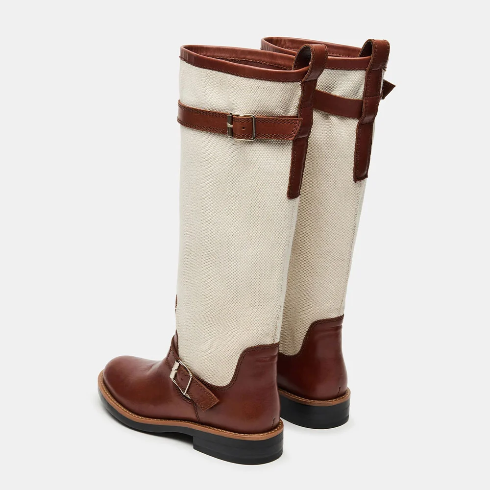 Ivory & Brown Round Toe Buckle Patchwork Wide Calf Knee High Boots