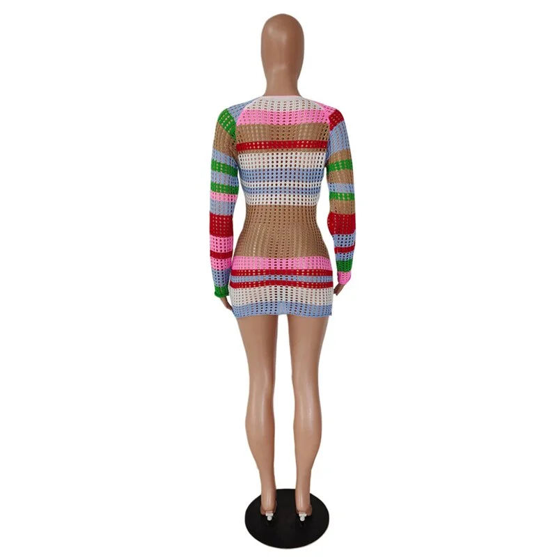 huibahe Striped Hollow Out Knitted Mini Dress Women Sexy Color Patchwork Wide Collar Long Sleeve Bodycon Vestidos Beachwear