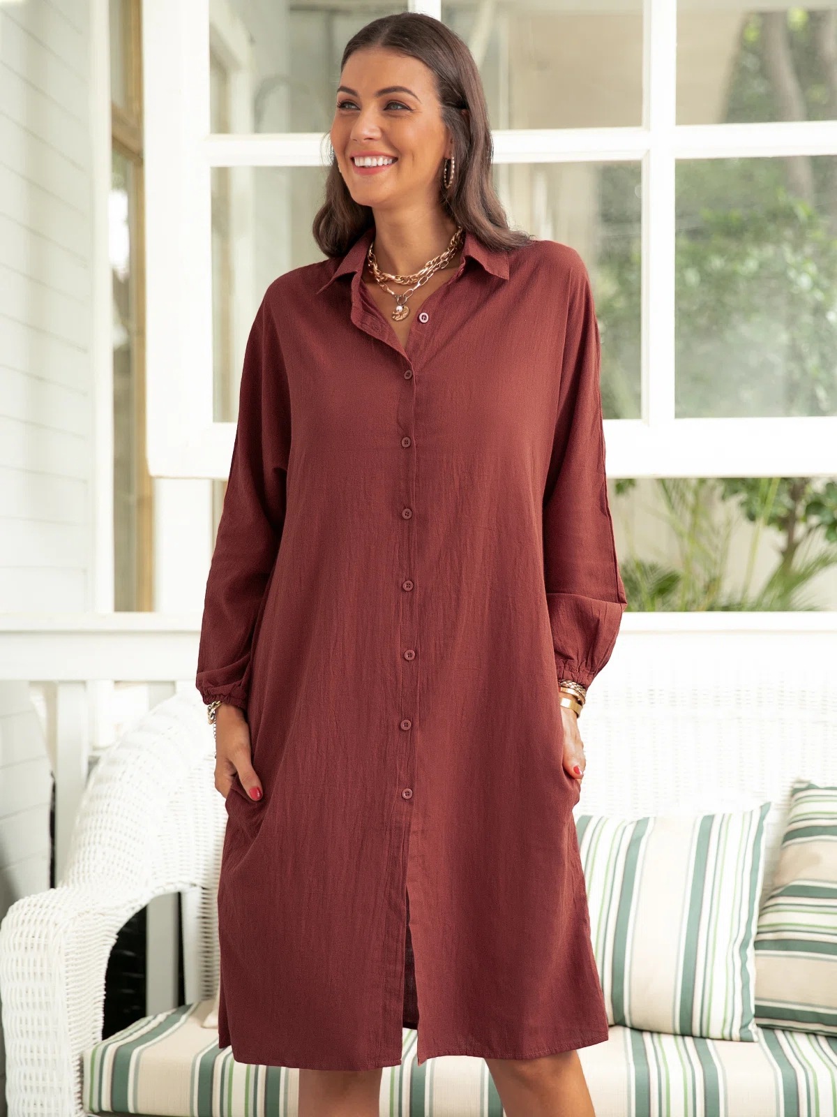  thdmladies Long solid color shirt loose casual long sleeve dress thedmladies