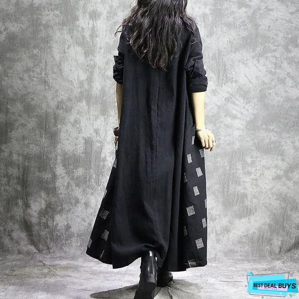 Women Cotton Linen Trench Vintage Autumn Coats Patchwork Clothing Black Trench Coats