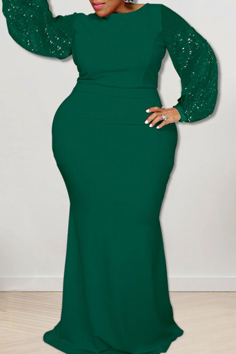 Green Sexy Solid Sequins Patchwork O Neck Long Dress Plus Size Dresses | EGEMISS
