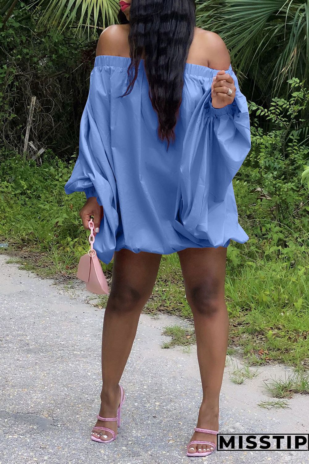 Pink Sexy Casual Solid Backless Off the Shoulder Long Sleeve Dresses