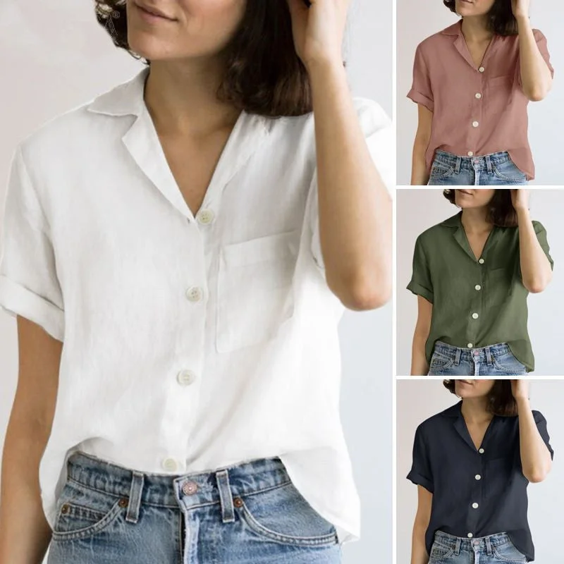 Uveng Shirt Solid Color Cotton Linen Pocket Blouses