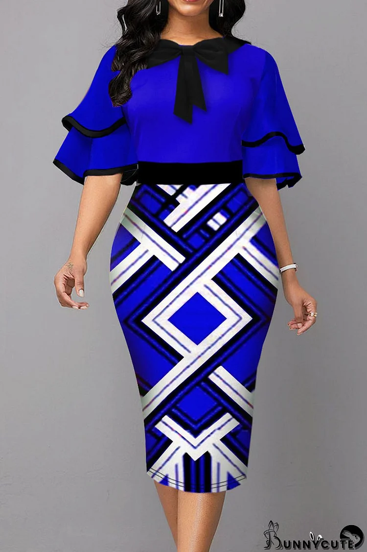 Blue Casual Print Patchwork With Bow O Neck One Step Skirt Dresses