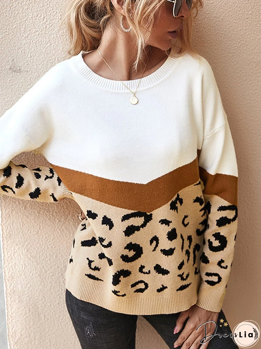 Trendy Color Block Leopard Print Round Neck Long Sleeved Sweater