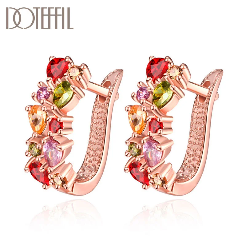 DOTEFFIL 925 Sterling Silver Rose Gold Color AAA Zircon Earrings Fashion For Woman Jewelry