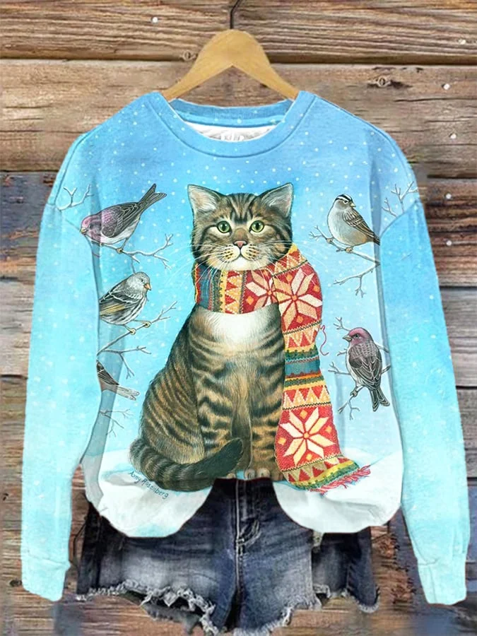 Women's Winter Cat With Scarf Printed Sweatshirt