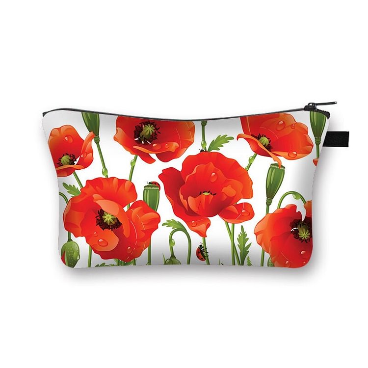 Red flowers Printed Hand Hold Travel Storage Cosmetic Bag Toiletry Bag