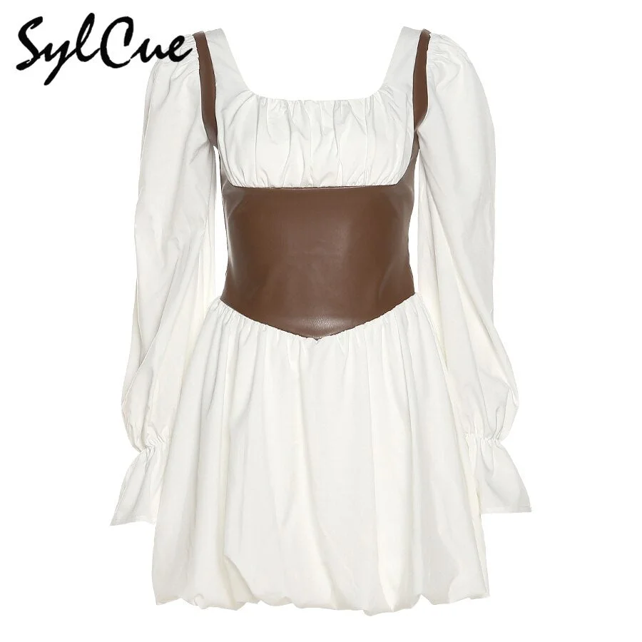 Sylcue Contrast Color Slim Splicing Corset Versatile Commuter Fashion Square Neck Flared Sleeve Women&#39;s Pleated Skirt Zip Dress