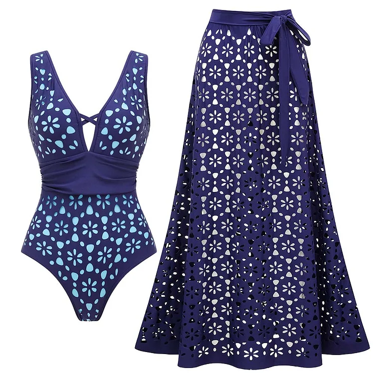 Hollow Out One Piece Swimsuit and Skirt