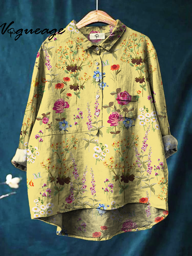 Elegant Bright Flowers Printed Cotton And Linen Shirt