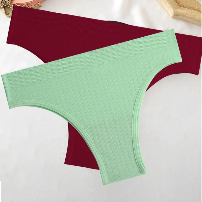 FINETOO 2PCS/Set M-XL Women Seamless Pantys 9 Solid Colors Sexy Brazilian Panties  Midi-Waist Underpants For Girls Fashion Thong