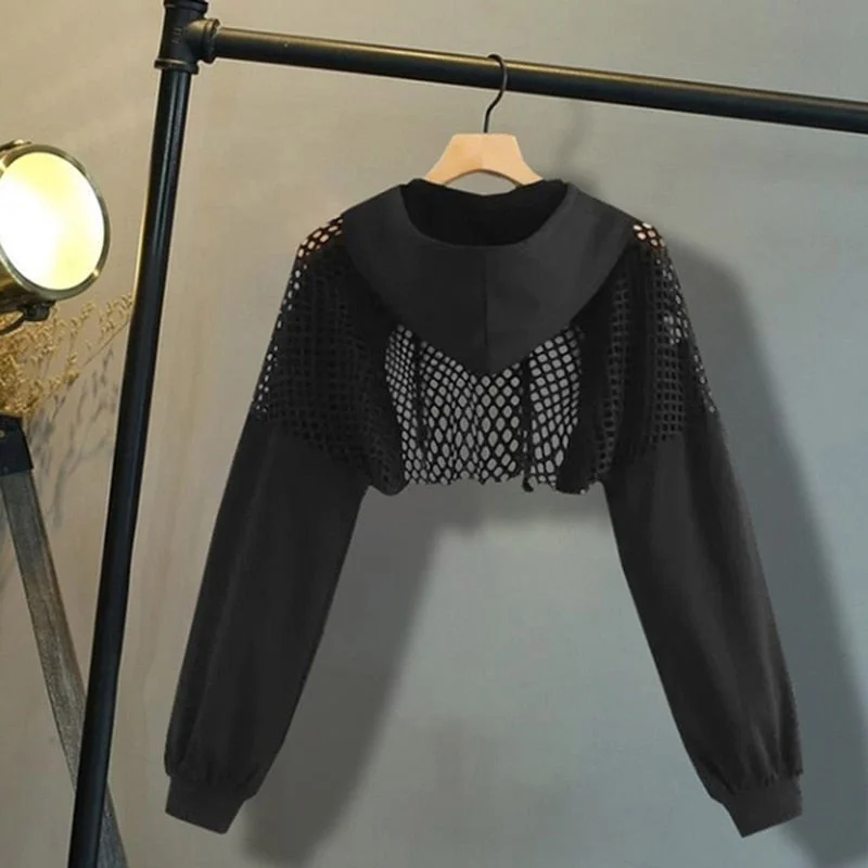 Black Hoodies Hollow Out Mesh Patchwork Crop Tops SP435