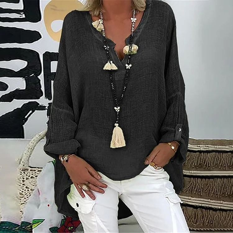 Solid Color V-Neck Long Sleeved Loose Blouse