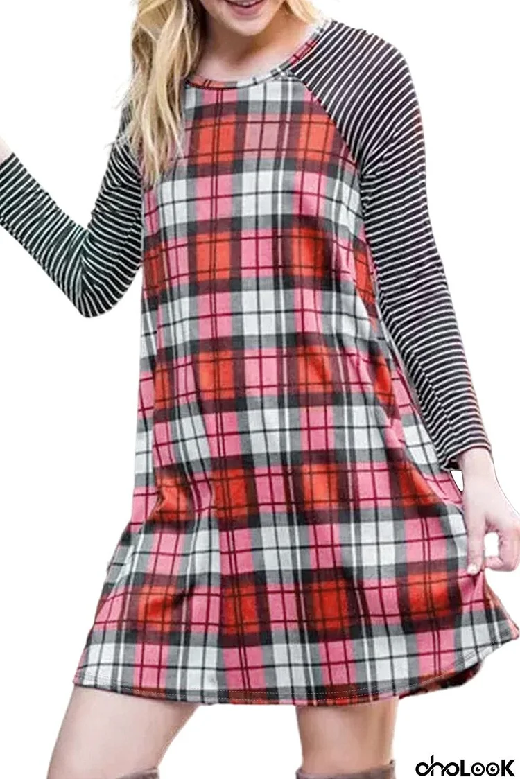 Plaid Striped Splicing Raglan Sleeve Mini Dress