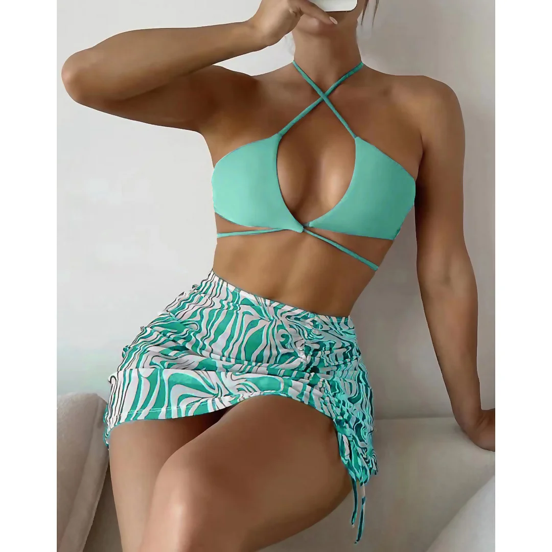 Uveng Uveng New Bikini Sexy Mesh Gathered Solid Color Split Three-Piece Beach Swimsuit