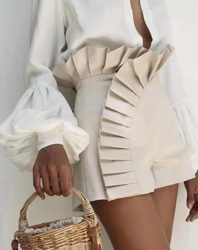 Mongw Mongw 2023 Fashion Women's Solid Color Pleated Lace Design High-Waisted Zip Shorts