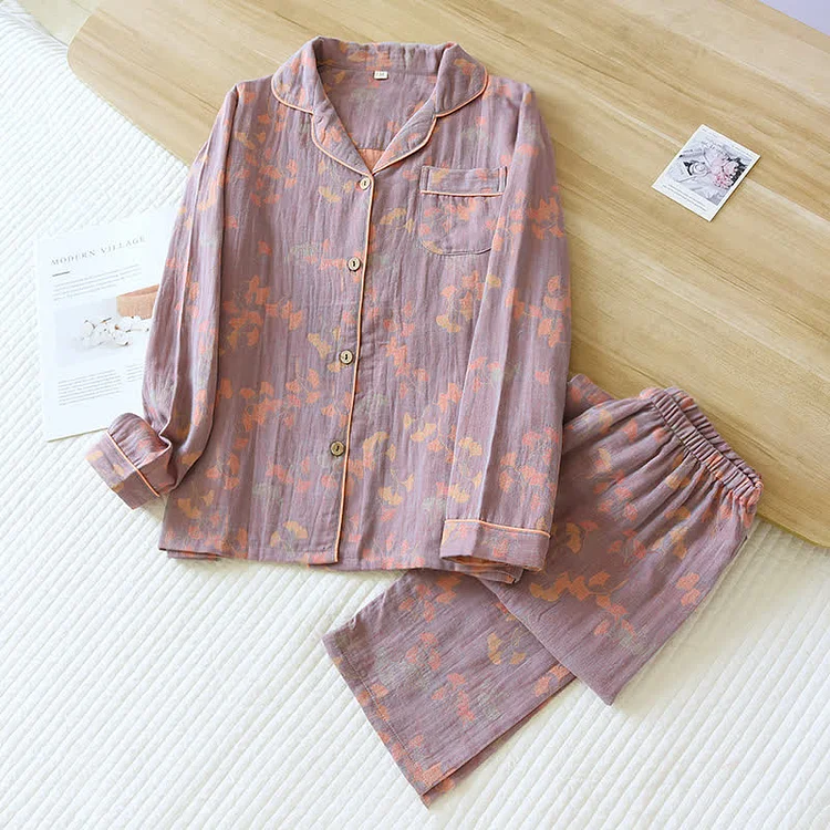 Ginkgo Lapel Neckline Cotton Loungewear Set Radinnoo.com