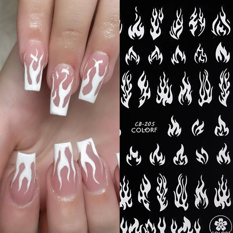 3D Iridescent Black White Design Fire Nail Stickers Sliders Manicures Accessories Decals DIY Nail Art Decorations Decor Tool