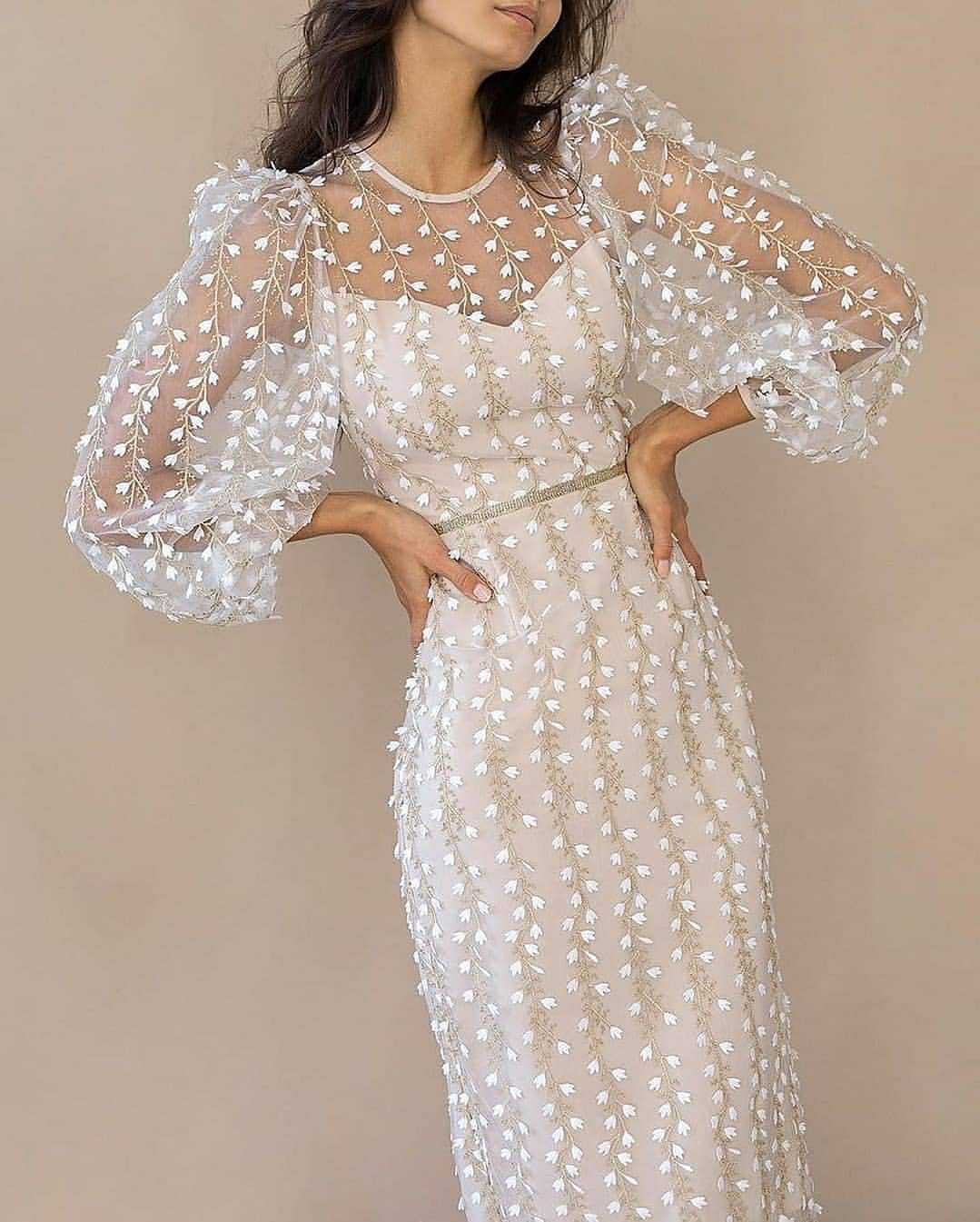 Women Sexy See-through Embroidery O-neck Lantern Sleeve High Waist Dresses