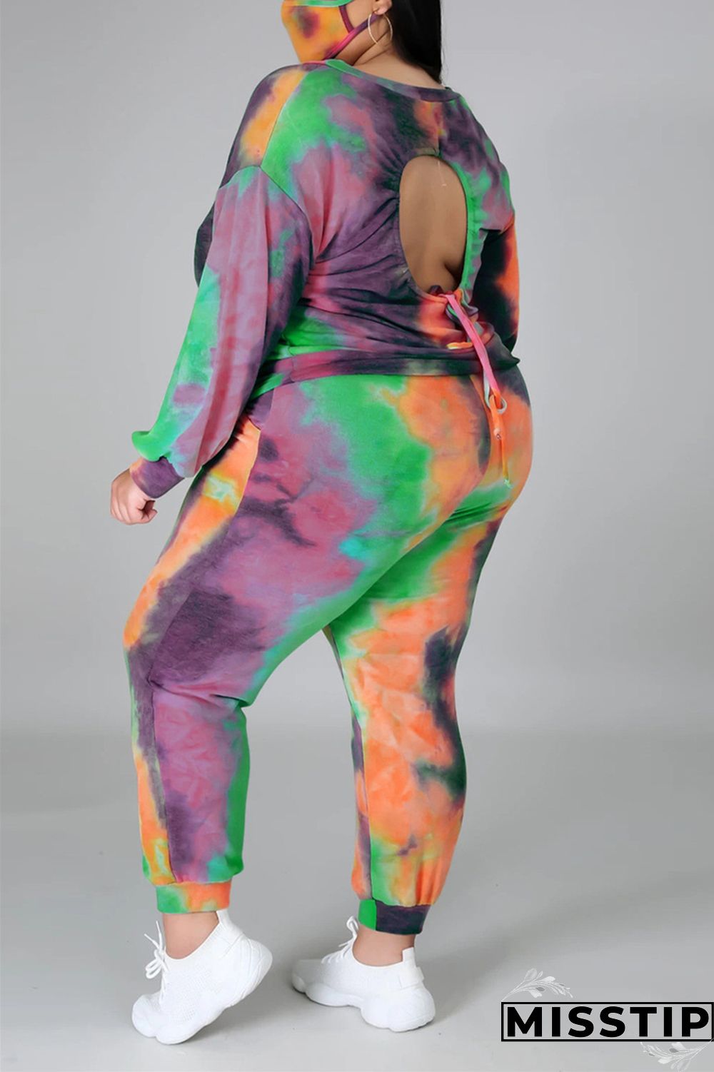 multicolor Fashion Casual Print Tie Dye Tie-dye Backless O Neck Plus Size Set