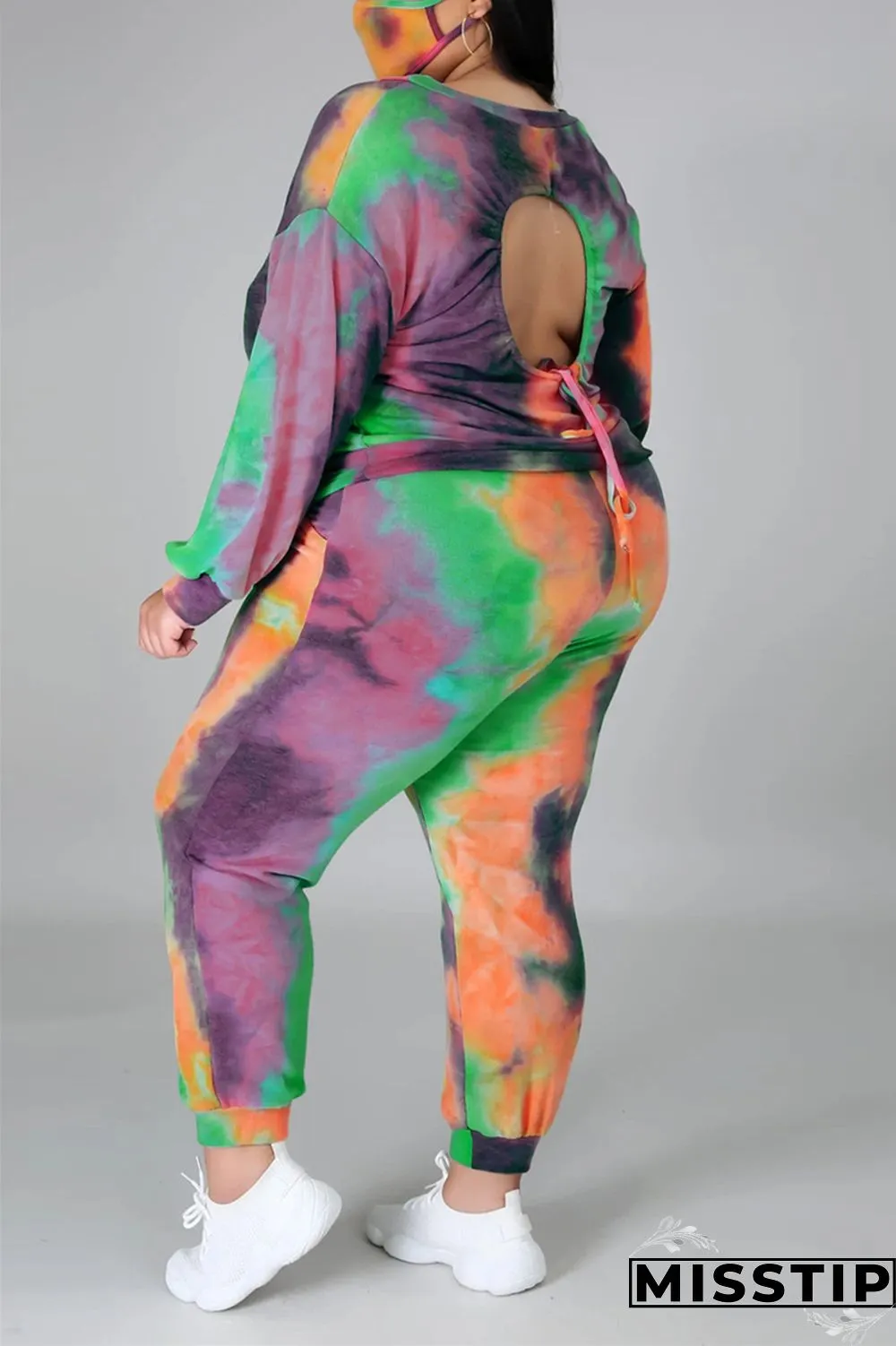 multicolor Fashion Casual Print Tie Dye Tie-dye Backless O Neck Plus Size Set