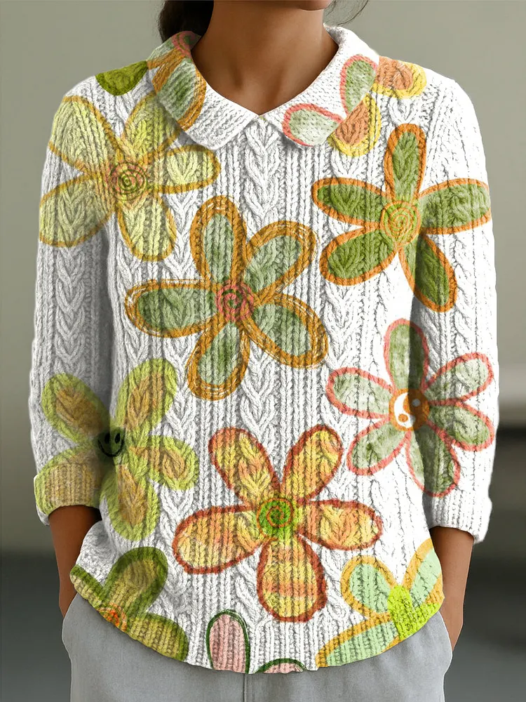 Women's Cute Large Flower Painting Art Print Casual Peter Pan Collar 3/4 Sleeve Sweater