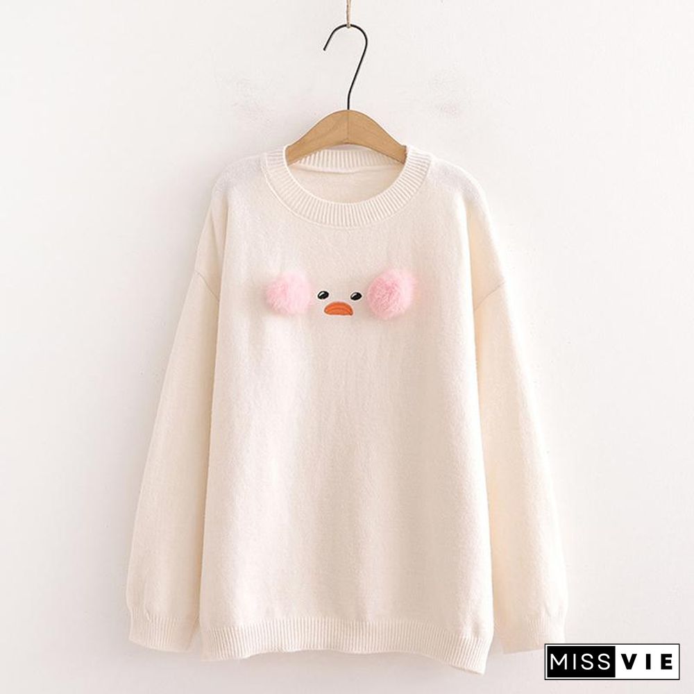 Duck Embroidery Fuzzy Ball Sweater