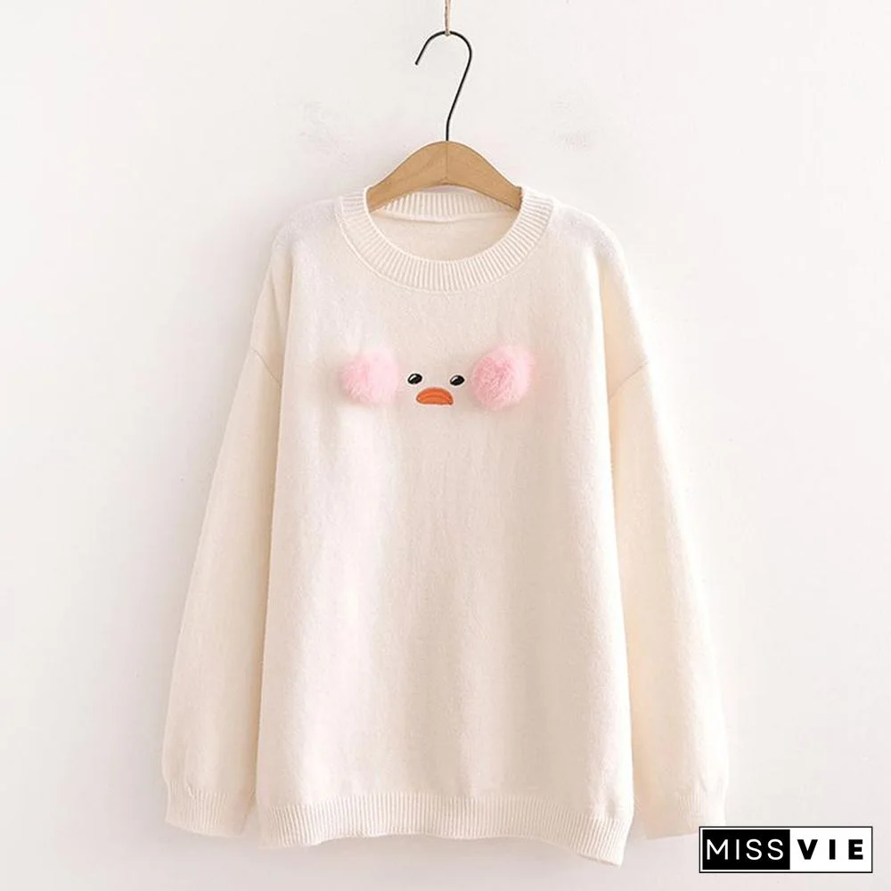 Duck Embroidery Fuzzy Ball Sweater