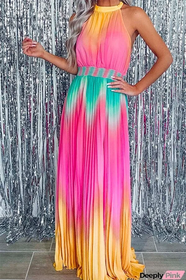 Halter Color Block Gradient Pleated Maxi Party Dress