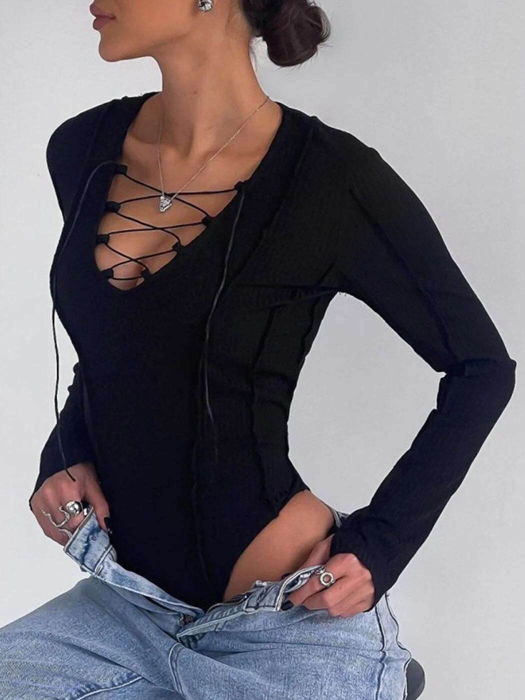 V-neck Lace Up Women Bodysuit  One-piece 2023 Spring Fashion Stretchy Solid Color Long Sleeve Fishbone Hot Girl Bodysuit