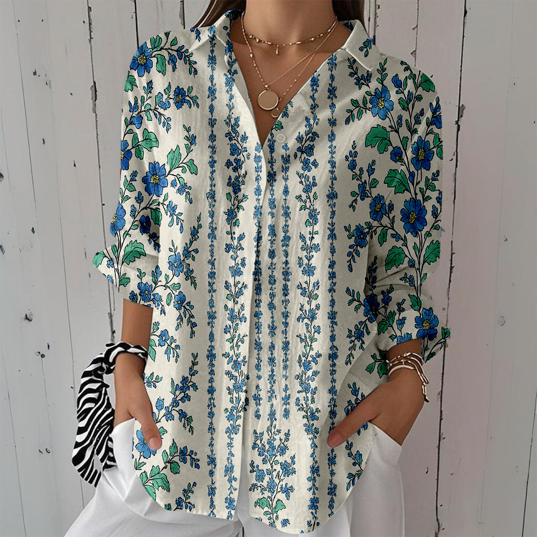 Women Long Sleeve V-neck Graphic Floral Printed Top