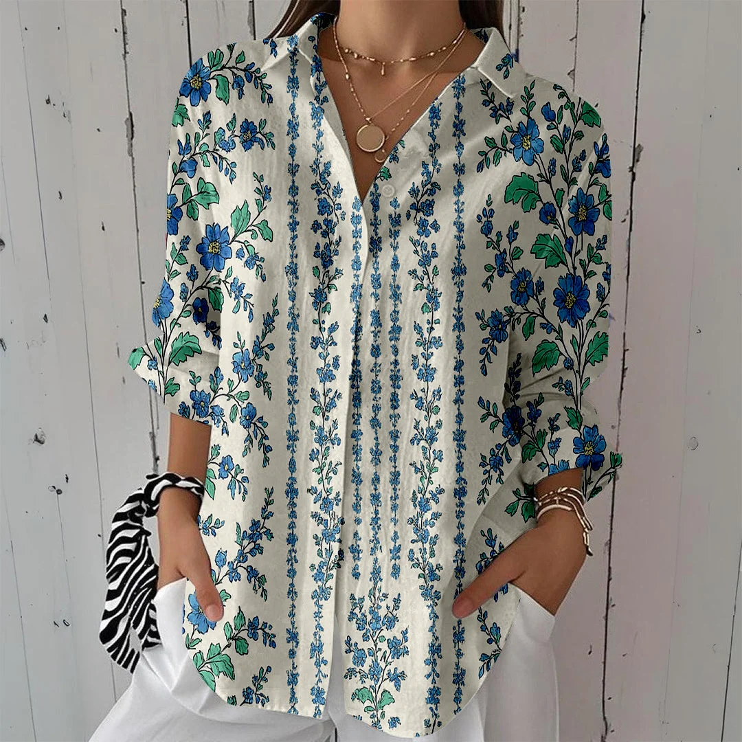 Style & Comfort for Mature Women Women Floral, Beige, Blue DZCL0132 3/4 Sleeve Shirt Collar Printed Button Tops
