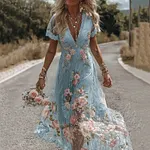 Women's Vintage Floral Embroidery V Neck Casual Midi Dress - Image 2