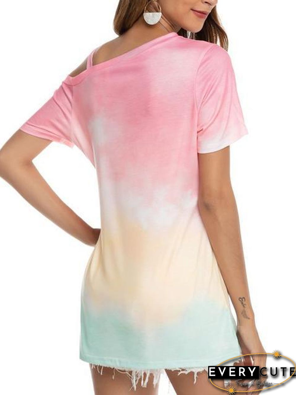 Gradient Color Cold Shoulder Twisted T-Shirt