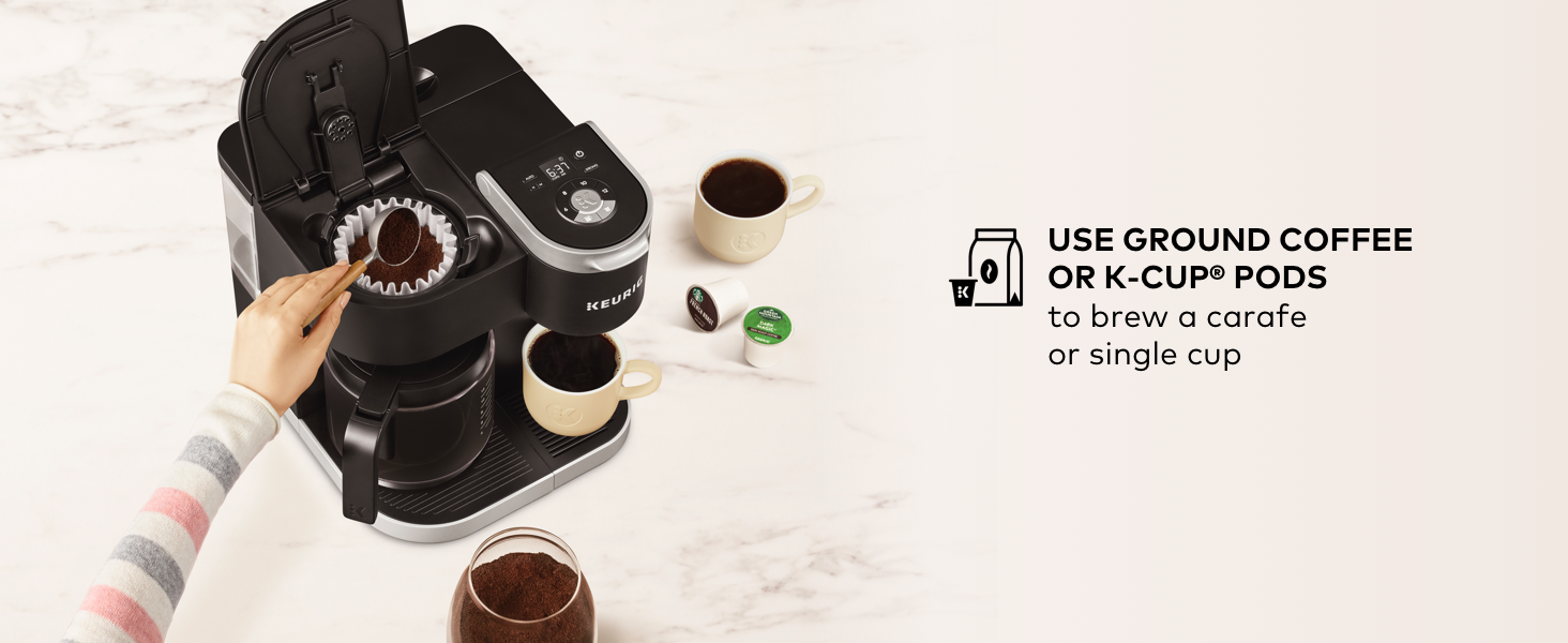k-duo, keurig k-duo coffee maker, coffeemaker, coffee machine, brewer, carafe brewer, ground coffee
