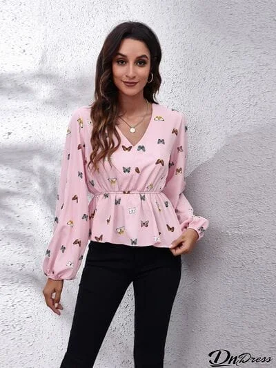 Butterfly V-Neck Balloon Sleeve Peplum Blouse