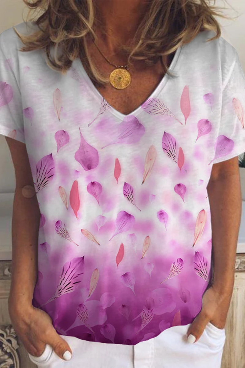 Leaves Print Gradient V-Neck T-Shirt