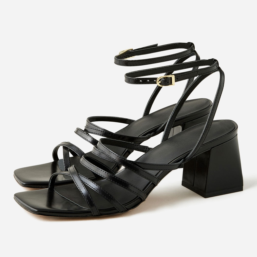 Black Criss-Cross Strappy Open Square Toe Block Heel Women Sandals Nicepairs