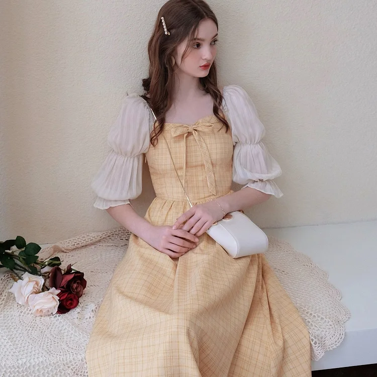 Fairy Tales Aesthetic Fairycore Plaid Puff Sleeve Dress QueenFunky