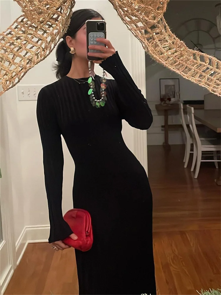 Woherb Spring Knitting Bottom Long Sleeve Long Dress Women's Round Neck Solid Color Strap High Waist Tight Dress