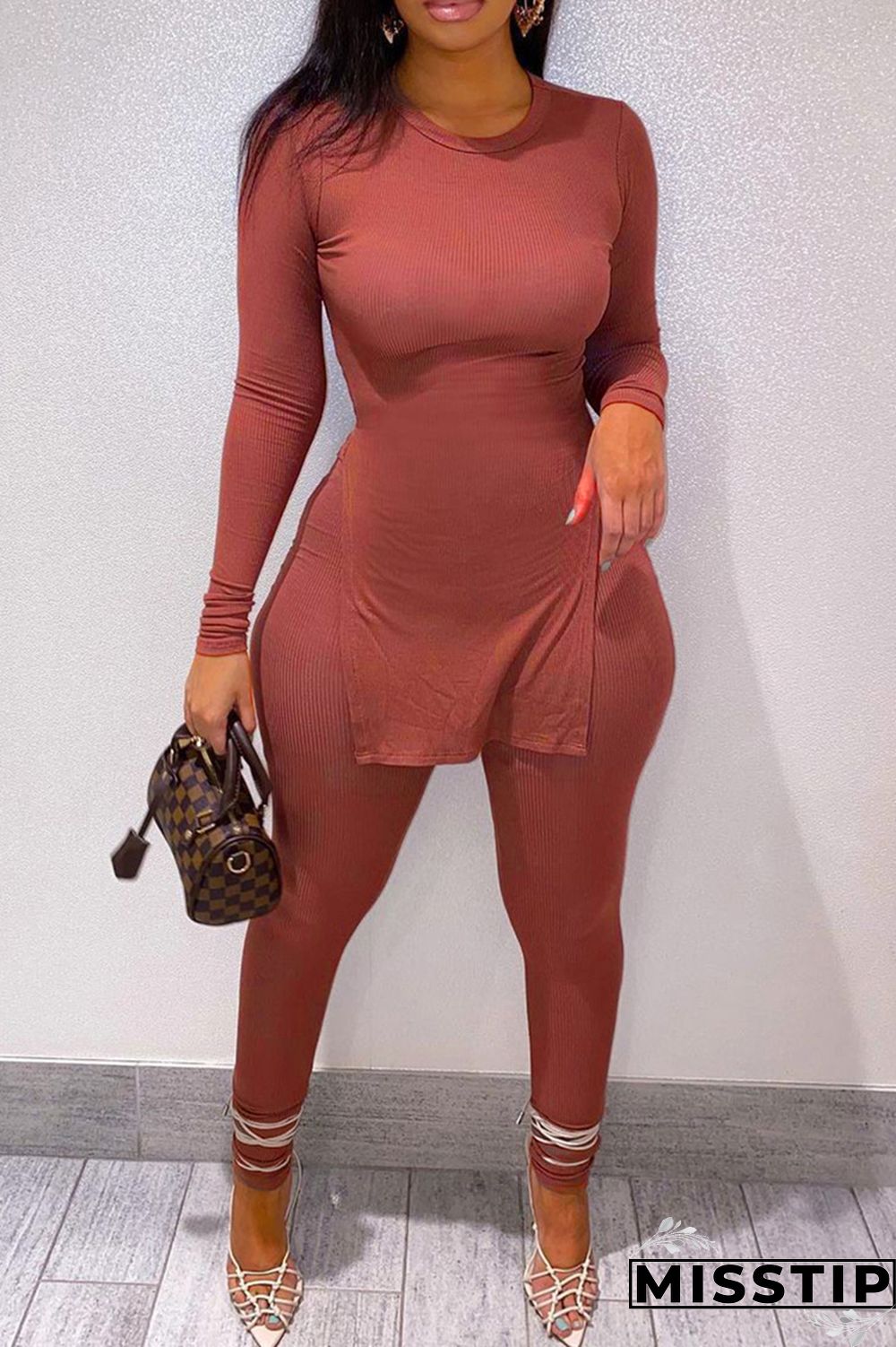 Black Fashion Casual Solid Slit O Neck Long Sleeve Two Pieces