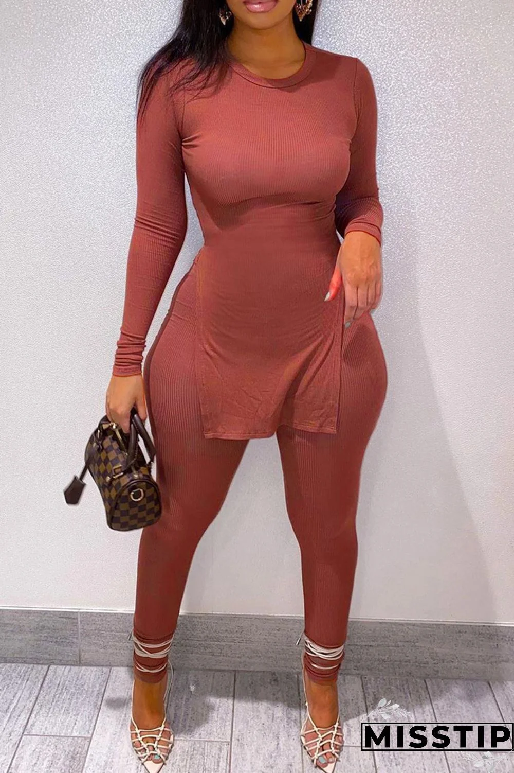 Black Fashion Casual Solid Slit O Neck Long Sleeve Two Pieces