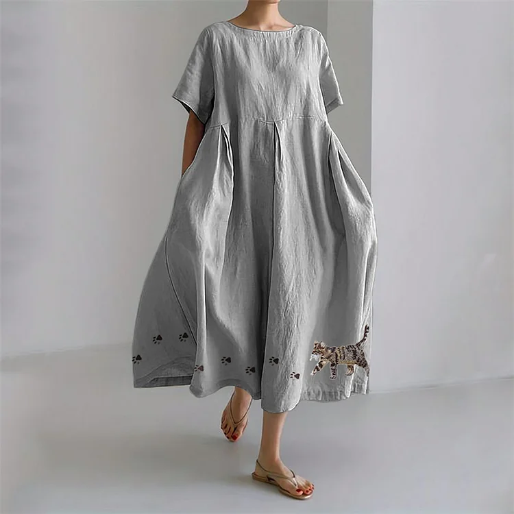 Cat & Paw Prints Embroidered Pleated Linen Blend Maxi Dress